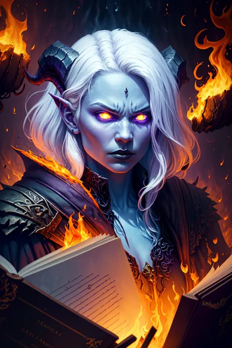 (best quality, masterpiece, realistic, detailed), 8k CG, perfect artwork,
<lora:char_sxzDraeneiWarcraft_sxzDraenei:0.8> 1girl, adult shedrn, horns, white hair, blue skin, glowing yellow eyes,
(style-swirlmagic:1.0), portrait, looking at viewer, solo, half shot, detailed background, detailed face, (gothic dark fantasy theme:1.1) evil wizard, tattered Medium Brown magical robes, determined expression, purple color scheme, dark scarlet light, library, bookshelves, glowing magical runes, dark atmosphere, shadows, realistic lighting, floating particles, embers, surrounded by fire, <lora:style_FirevfxCreateMore_v2:0.4>, (thick melting candles:0.8), green arcane symbols, corrupted by eldritch power, power-hungry eyes, bloom,