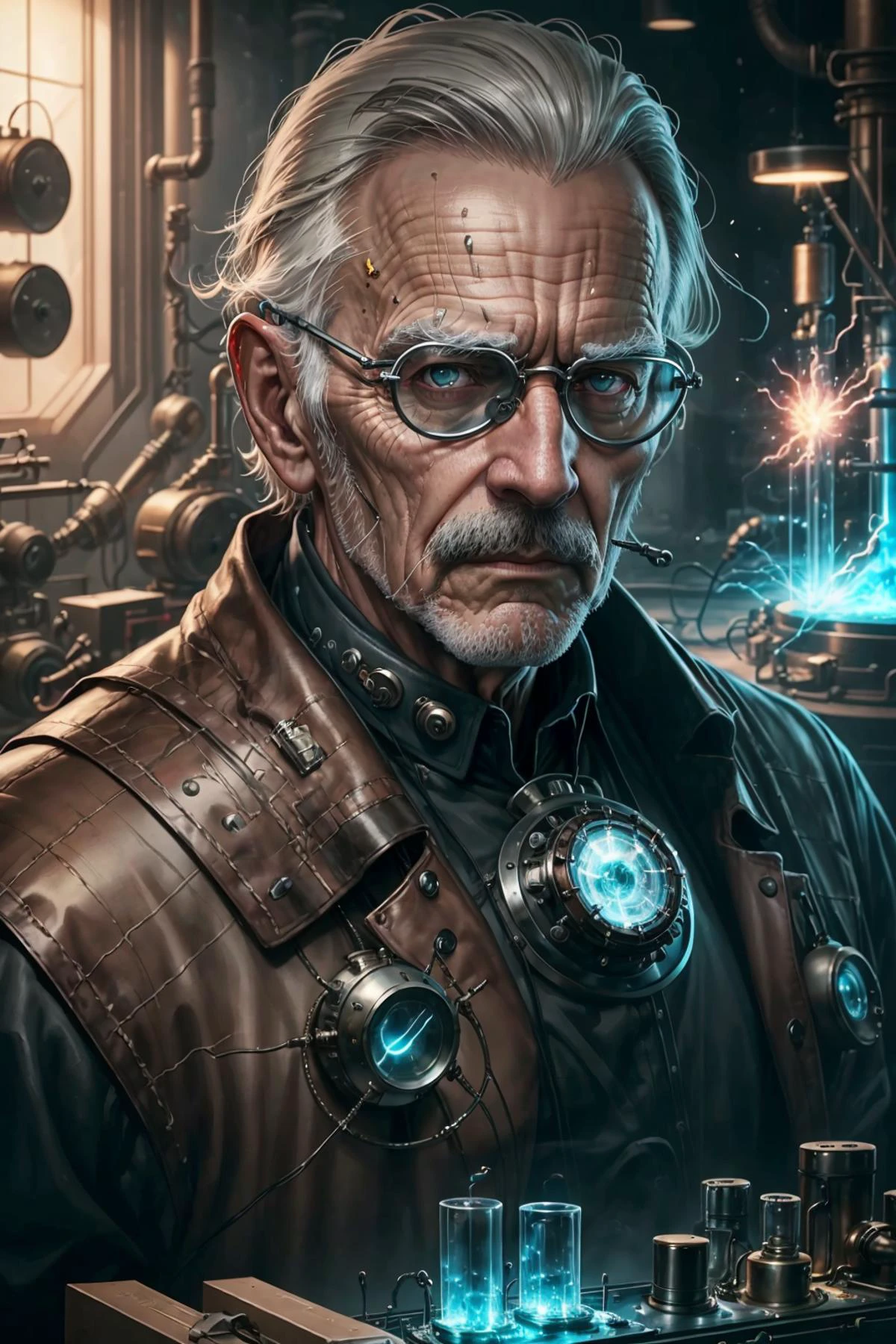 (best quality, masterpiece, realistic, detailed), 8k CG, perfect artwork,
(1man, old male:1.2), wise, black eyes, graying fade with mustache,
portrait, looking at viewer, solo, half shot, detailed background, detailed face, (teslapunkai, <lora:style_teslapunkai_v20:0.4>, retro-futuristic theme:1.1), researcher, safety-goggles, advanced technology, fantastical science lab in background, physics, sparks, nuclear science, dark matter, waveforms, test chamber, bright lighting, flashing lights,
<hypernet:sxzBloom_sxzBloom:0.2>