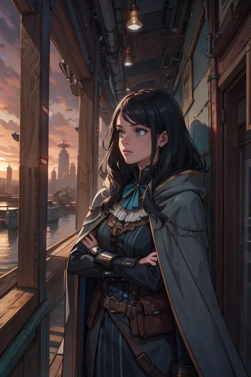 beautiful, linework, (outlines:1.05), shadows, <lora:detail_slider_v4:1.0>,
<lora:GoodHands-beta2:0.8>
1 girl, adult spanish woman, freckles, grey-blue eyes, black fringe hair,
(style-rustmagic:0.8), solo, (full body:0.6), looking away, detailed background, detailed face, (lovecraftian theme:1.1), investigator of the unknown, victorian adventuring gear, cloak, paranoia, , desperate search for answers, , looming insanity, , ancient prophecy of doom, derelict port in background, sunset, mysterious lovecraftian atmosphere,