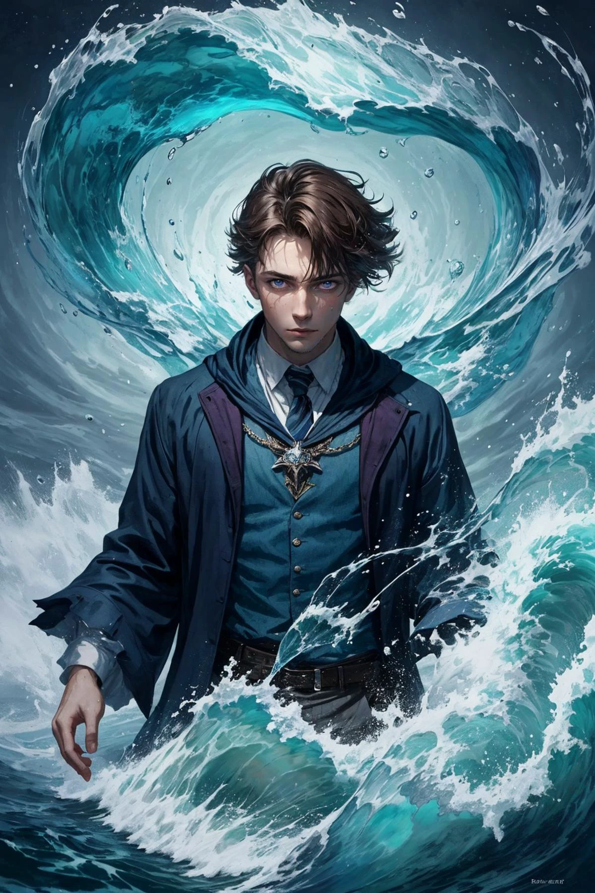 (masterpiece, best quality), aesthetic illustration, colorful paint style, <lora:add_detail_v5:1>
(1man, thin adult czech male:1.2), purple eyes, brown hair, short hair,
(style-swirlmagic:0.8), portrait, solo, half shot, looking at viewer, detailed background, detailed face, (hogwarts theme:1.1), (glowing eyes:1.05), water sorcerer, surrounded by swirling water, <lora:waterVFX:0.4> controlling the water, fantasy spellcaster clothes, dynamic pose, mystical dynamic, water, drops of water, lake in background, blue tones, waves, epic atmosphere,