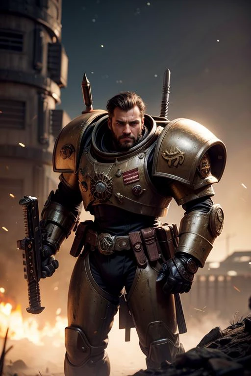 RAW photo, high quality, <lora:add_detail:0.8>,
(1man, masculine adult male:1.2), brown eyes, platinum blonde hair, fade with goatee,
style-rustmagic, portrait, solo, (full body:0.6), looking up, detailed background, detailed face, (:1.1), warhammer 40k space marine, face, adeptus astartes, wearing orange thick power-armor, bloodied armor, chainsword weapon, (skull:0.7) themed symbols, cloak, genetically enhanced, war-cry, fast blurred motion, primarch, campaign badges, squad markings, veteran, dark angels legion, ascending spaceships in background, epic atmosphere,