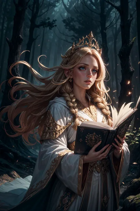 Comic art, RAW-format, <lora:tangbohu-detailer_1.0:1>, <lora:realistic:0.3>, <lora:sharpen-soften:-0.5>
1 girl, adult (elven:0.7) woman, brown eyes, blonde fishtail braid,
(style-swirlmagic:0.8), solo, (full body:0.6), looking up, detailed background, detailed face, (dark fantasy theme:1.1), oracle, pensive, transcendental, prophetic vision, (blue trimmed:0.8) white robes, intricate headpiece, gilded accessories, ancient books, flowing mysterious magic radiating from body, channeling magical energy, levitating orbs, forest clearing in background, magical lighting, whispers of wind, epic atmosphere, epic composition,
