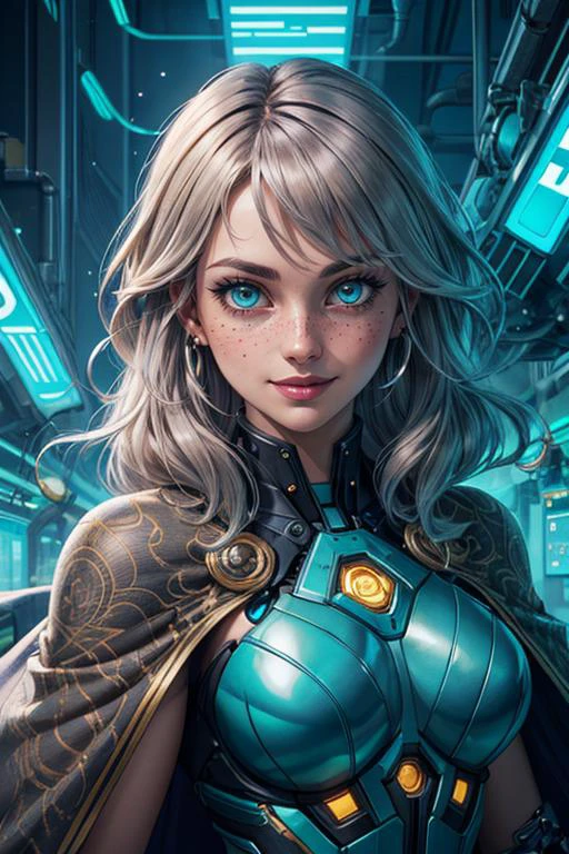 (inked original-art:1.2), (lineart:1.31), (fine-details:1.3), limited-palette, (depth),  <lora:add_detail:0.5> <lora:realistic:.4>
1 girl, adult (elven:0.7) woman, freckles, turquoise eyes, silver lob hair,
 portrait, solo, half shot, looking at viewer, detailed background, detailed face,  smiling, techno-mage,   [magic|technology], intertwining of wizardry and engineering, light brown intricate [enchanted clothes|mechanical equipment], mechanical glyphs, gadgets,  cape, [wires|ancient spell], tinkering],   [electric|ethereal] aura, futuristic factory in background,  glowing dark green lights,