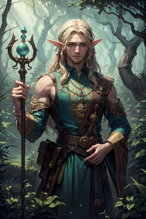 (masterpiece, top quality, best quality, official art, beautiful and aesthetic:1.2), extreme detailed,     luminous trails,    captivating patterns, creative experimentation, highest detailed,
(1man, muscular, young elven male:1.2),   teal eyes, light blonde long beard,
(style-swirlmagic:0.8),  looking down, solo, (full body:0.6), detailed background, detailed face, (<lora:style_fairytaleai_v10:0.5>, fairytaleai, fairytale theme:1.1),  druid, wearing (green:0.7) witch outfit, beaded necklace, rustic hut in the forest, outdoors, simple staff,       spices, dried plants, mushrooms,  vials, potions, beads,  casting spell, (purple:0.7) magic fumes, floating particles, witchcraft, dark sinister atmosphere, dim lighting
<lora:style_zaunT_zaunV1:0.3>