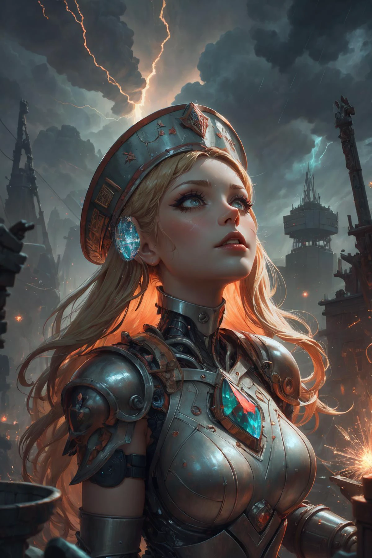 masterpiece, best quality, detailed, 4k, realistic, <lora:novel:0.3>, <lora:sharpen-soften:-0.4>, <lora:detail_slider_v4:0.8>,
<lora:GoodHands-beta2:0.8>,
1 girl, adult ukrainian woman, coral eyes, medium blonde long hair,
solo, (full body:0.6), looking up, detailed background, detailed face, (<lora:SovietPunkAIv2:0.6>, sovietpunkai, soviet theme:1.1), glass-cyborg, (made of glass:1.1), translucent, champion, gemstone armor, magical patterns, floating particles, sparks, reflections, storm in background, epic atmosphere,