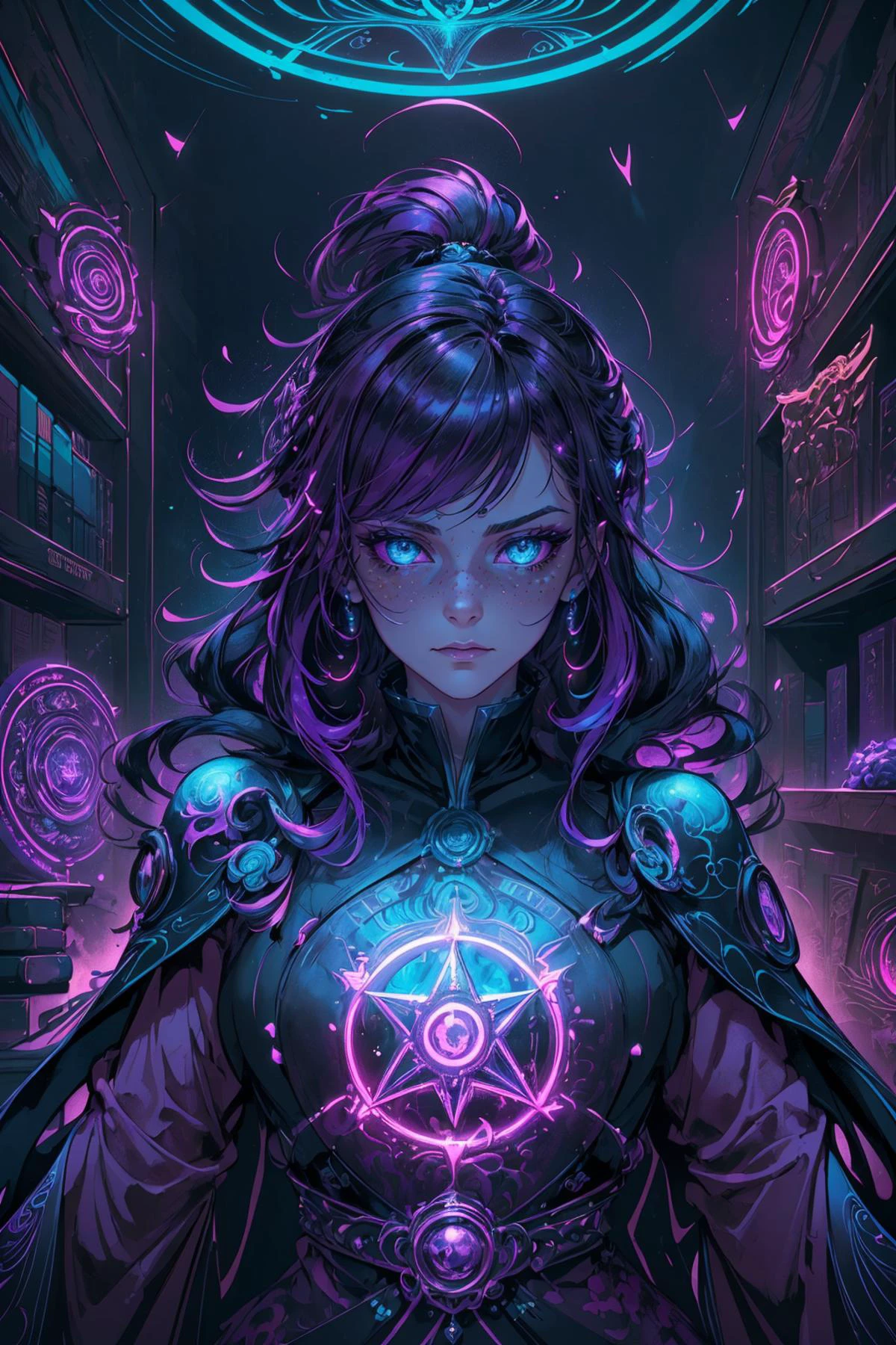 (NeonPunk style, cyberpunk, vaporwave, neon, vibes, vibrant, stunningly beautiful, crisp, detailed, sleek, ultramodern, magenta highlights, dark purple shadows, high contrast, cinematic, ultra detailed, intricate, professional):1.1, beautiful and detailed illustration, pop art, masterpiece, best quality, ultra-detailed, soft lighting, cinematic shot, vibrant colors, gorgeous colors, <lora:add_detail:0.3>, <lora:stylesqueeze_v2:0.5>,
1 girl, adult woman, freckles, blue eyes, yellow drill hair,
(style-swirlmagic:0.8), portrait, looking up, solo, upper body, detailed background, detailed face, (<lora:MagicalCircle_Sora:0.5>, circle, mantra, magical circle theme:1.1) evil summoner, dark purple magical robes, determined expression, green color scheme, dark crimson light, library, bookshelves, glowing magical runes, dark atmosphere, shadows, realistic lighting, floating particles, sparks, surrounded by green lightning <lora:LightingVFX:0.1>, (thick melting candles:0.8), red arcane symbols, bloom,