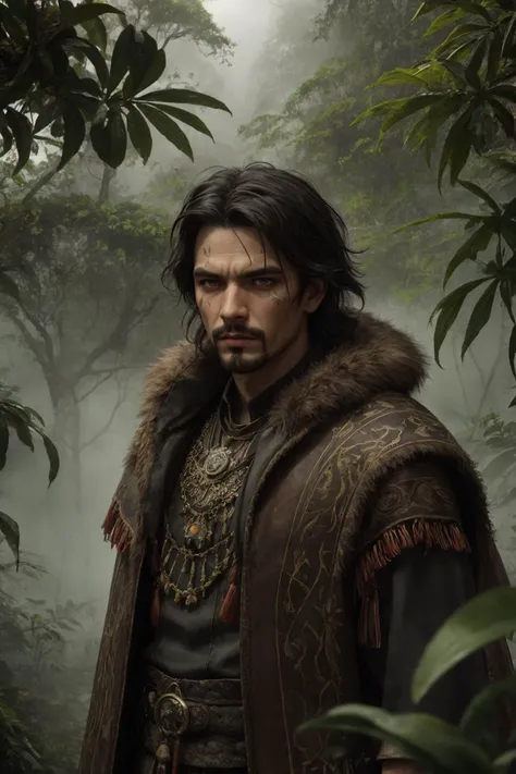 (fantasy style:1.2), (high quality:1.3), (best quality:1.3), (masterpiece:1.3), official art, official wallpaper, 4k textures, epic, (detailed:1.05), (extremely detailed:1.06), sharp focus, (intricate:1.03), (extremely intricate:1.04), (epic scenery:1.09), hdr, (beautiful scenery:1.08), (detailed scenery:1.08), (intricate scenery:1.07), (wonderful scenery:1.05), <lora:detail_slider_v4:0.8>,
(1man, masculine adult ukrainian male:1.2), amber eyes, black hair, mid-fade,
<lora:GoodHands-beta2:0.8>,
solo, upper body, looking at viewer, detailed background, detailed face, (1920s art deco theme:1.1), aggressive tribal jungle warrior, defiant, feral eyes, dynamic pose, dark orange tribal clothing, warpaint, , mud-caked, ornaments, leather cloak, feathers, bushes, fronds, exotic forest in background, rugged terrain, humid climate, darkness, mysterious fog, cinematic atmosphere,