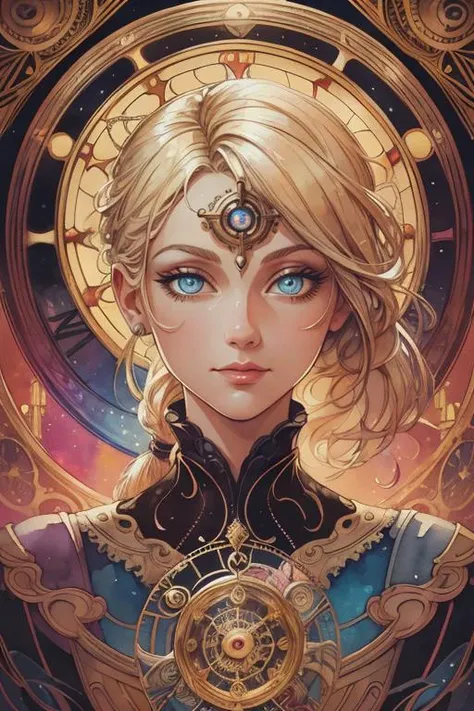 (Watercolor painting, Vibrant, beautiful, painterly, detailed, textural, artistic,:1.1), beautiful and detailed illustration, pop art, masterpiece, best quality, ultra-detailed, soft lighting, cinematic shot, vibrant colors, gorgeous colors, <lora:add_detail:0.3>, <lora:stylesqueeze_v2:0.5>,
1 girl, adult (elven:0.7) woman, coral eyes, natural blonde ponytail,
(style-swirlmagic:0.8), portrait, solo, (full body:0.6), looking at viewer, detailed background, detailed face, (1920s art deco theme:1.1) glowing eyes, (time sorcerer:1.1), infinity, weightless, circular patterns, clockwork, clock gears, time, energy, light aura, clock-face in background, epic atmosphere,