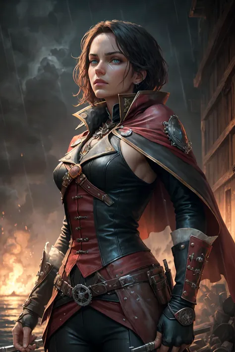 (best quality, masterpiece, realistic, detailed), 8k CG, perfect artwork,
1 girl, adult  woman,  solo, aquamarine eyes, copper razor cut hair,
 (bloody scars:0.7), looking up, solo, upper body, detailed background, focusing, assassins creed, master assassin, hidden wrist-blade, black   assassin clothes,  capelet,   straps, revolutionary, dynamic pose,  steampunk setting, steampunk theme, steampunk style clothes, gears, tubes,  steam, sparks, coast in background, dust, rain,