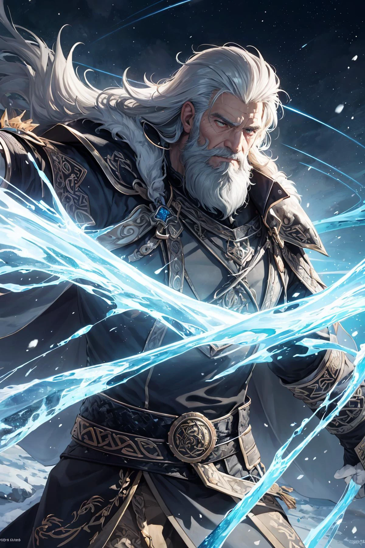 (masterpiece, top quality, best quality, official art, beautiful and aesthetic:1.2), extreme detailed, luminous trails, captivating patterns, creative experimentation, highest detailed,
(1man, wrinkled face, old european male:1.2), frail, aquamarine eyes, white short beard,
solo, (full body:0.6), detailed background, detailed face, (tribal celtic barbarian theme:1.1), dark orange winter warrior, stoic expression, dynamic pose, magical armor, cape, snow crystals, icy background, northern lights in background epic atmosphere,
nardack, <lora:style_LoconLoraNardack_v10:0.3>