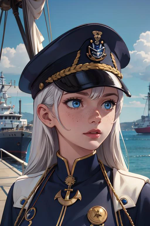 highres, detailed, <lora:detail_slider_v4:1.0>,
<lora:GoodHands-beta2:0.8>
1 girl, adult (elven:0.7) woman, freckles, turquoise eyes, white prom hairstyle,
portrait, solo, (full body:0.6), looking down, detailed background, detailed face, (naval marine military theme:1.1), admiral, dark red sailor uniform, formal cloak, tricorn hat, decorations, dynamic movement, in port, anchor, navigational instruments, island in background, overcast, cinematic atmosphere,