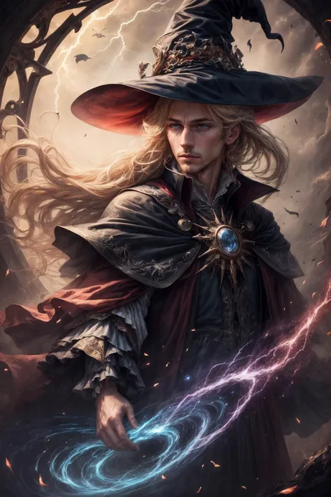 (best quality, masterpiece, realistic, detailed), 8k CG, perfect artwork, <lora:add_detail:1>
(1man, thin adult male:1.2), black eyes, blonde hair, razor cut,
(style-swirlmagic:0.8), portrait, looking away, solo, (full body:0.6), detailed background, witch hat, witch, magical atmosphere, hair flowing in the wind, red trimmed light colored clothes, whirlwind of swirling lightning in the air, swirling portal, dark magic, floating particles, clouded background, backlighting,