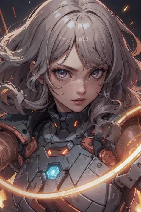 beautiful, linework, (outlines:1.05), shadows, <lora:detail_slider_v4:1.0>,
<lora:GoodHands-beta2:0.8>
1 girl, adult woman, freckles, silver eyes, ginger wavy hair,
portrait, (bloody scars:0.7), looking at viewer, solo, upper body, detailed background, close up, detailed face, futuristic glowing copper armor, hexagonal pattern, cape, advanced technology, nanotech, high-tech (mask:0.9), epic battlefield in background, lens flare, neon lights, lasers, explosions, hologram, cinematic atmosphere,