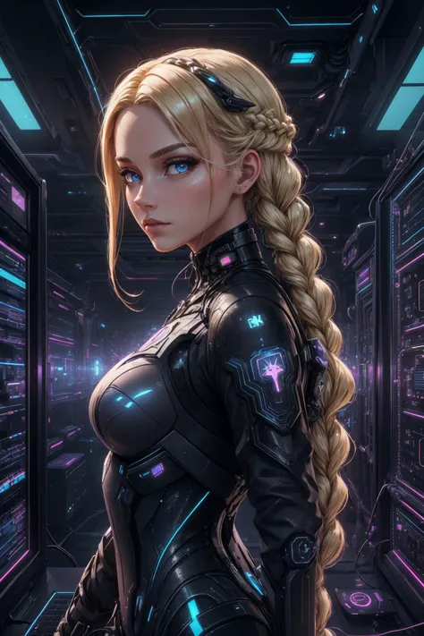 beautiful and detailed illustration, pop art, masterpiece, best quality, ultra-detailed, soft lighting, cinematic shot, vibrant colors, gorgeous colors, <lora:add_detail:0.3>, <lora:stylesqueeze_v2:0.5>,
1 girl, adult (elven:0.7) woman, black eyes, blonde dutch braid,
looking at viewer, solo, (full body:0.6), detailed background, detailed face, (matrix theme:1.1) evil high-tech futuristic hacker, advanced technology, techwear, keycard, cables, head-up display, (holographic display:1.05), numbers, laptop, password, server room in background, cyber-warfare, dark sinister atmosphere,