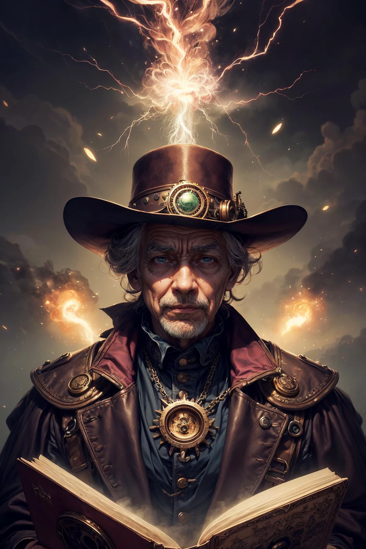 <lora:add_detail:1>
(1man, wrinkled face, old male:1.2), wise, brown eyes, graying hair, comb over,
(style-swirlmagic:0.8), portrait, looking down, solo, half shot, detailed background, detailed face, (<lyco:SteamPunkBundleV3:0.4>, steampunkai, steampunk theme:1.1) evil wizard, pink magical robes, (grin:0.8), purple color scheme, dark green light, library, evil book, dark atmosphere, shadows, realistic lighting, floating particles, sparks, surrounded by green lightning <lora:LightingVFX:0.1>, summoning, yellow arcane symbols, power-hungry eyes, bloom,