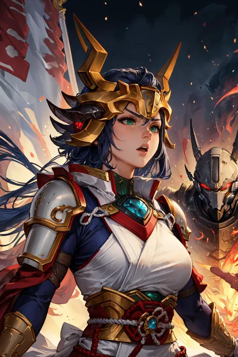 (masterpiece:1.2), (best quality:1.2),
1 girl, adult  woman, freckles, green eyes, white prom hairstyle,
 solo, upper body, looking up, detailed background, detailed face, (starcraft theme:1.1), samurai, white samurai armor, samurai helmet, dynamic pose, aggressive expression,  bushido, banner in background, wind, cinematic atmosphere,
<lora:style_granblueFantasyStyle_ver10:0.5>