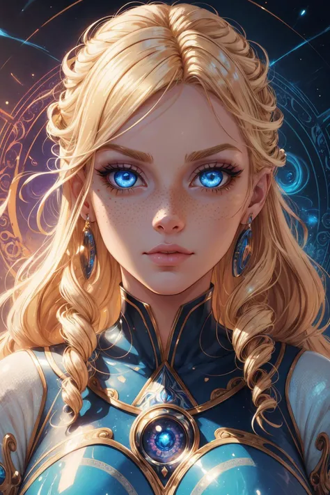 beautiful and detailed illustration, pop art, masterpiece, best quality, ultra-detailed, soft lighting, cinematic shot, vibrant colors, gorgeous colors, <lora:add_detail:0.3>, <lora:stylesqueeze_v2:0.5>,
1 girl, adult woman, freckles, amber eyes, medium blonde twin drills hair,
Style-GravityMagic, solo, (full body:0.6), looking away, detailed background, detailed face, (21st century modern theme:1.1) (glowing eyes:1.1), arcane third eye , eye tattoo, seer, psychic powers, trance, dynamic pose, aura, mind energy, concentric blue psychic energy emanating, ethereal atmosphere,