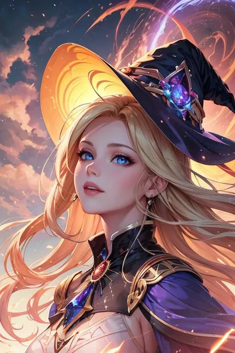 photorealistic, (hyperrealistic:1.2), beautiful, masterpiece, best quality, <lora:detail_slider_v4:1.0>,
1 girl, adult (elven:0.7) woman, grey-blue eyes, blonde long hair,
Style-GravityMagic, portrait, looking up, solo, half shot, detailed background, light smile, witch hat, witch, magical atmosphere, hair flowing in the wind, purple trimmed light colored clothes, colorful glowing elemental lightning in the air, swirling portal, dark magic, floating particles, clouded background, updraft, backlighting, dim light,