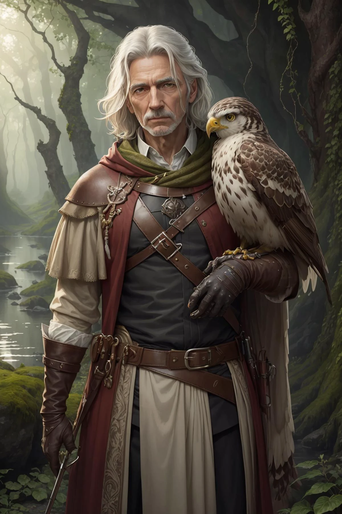 (best quality, masterpiece, realistic, detailed), 8k CG, perfect artwork,
(1man, old male:1.2), wise, hazel eyes, gray straight hair,
looking at viewer, solo, (full body:0.6), detailed background, detailed face, falconer, bird resting on shoulder, falcon resting on shoulder, falconer gloves, medieval fantasy setting, high fantasy, green leather clothes, gloves, hood, straps, belt, dark forest, bushes, ivy, rocks, lake, evergreen trees, roots, moss, flowers, (butterflies:0.9), feathers, crossbow, sunshine,
<lora:style_hipoly3DModelLora_v10:0.1> <hypernet:sxzBloom_sxzBloom:0.1>