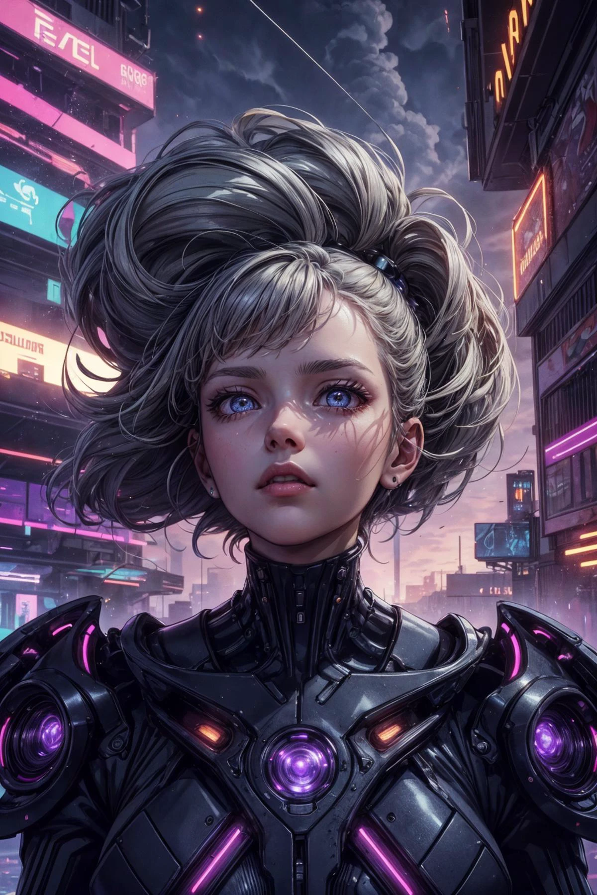 (best quality, masterpiece:1.2), 8k detailed cgi render, thick outlines, strong shadows, <lora:add_detail:0.75>,
1 girl, adult (elven:0.7) woman, silver eyes, dark brown layered hair,
(character focus:1.1), portrait, solo, half shot, detailed background, detailed face, (1980s futuristic synthwave, bladerunner theme:1.1), aristocratic pose, ruling class, elegant clothing, looking up at floating (cloud city:1.1), cloudtop sky-city, floating platforms, floating buildings, balcony, railing, clouds in background, balloon in background, wind blowing, epic atmosphere, glowing purple lights,