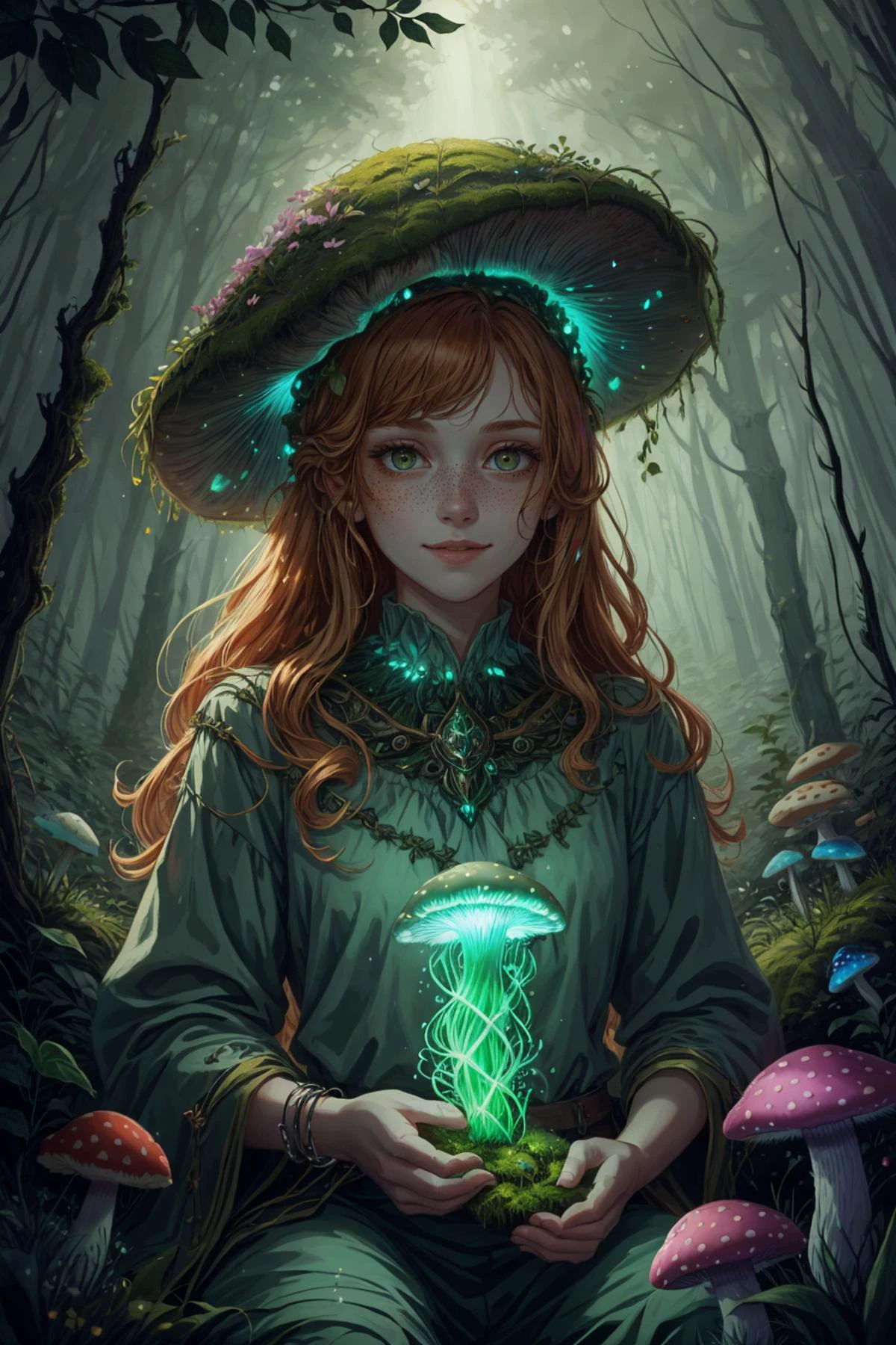 (masterpiece, best quality), aesthetic illustration, colorful paint style, <lora:add_detail_v5:1>
1 girl, adult (elven:0.7) woman, freckles, yellow eyes, ginger wavy hair,
solo, upper body, looking at viewer, detailed background, detailed face, (<lora:BiophyllTech:0.6>, fully-organic, bioluminescent, BiophyllTech theme:1.1) smile, mushroom druid, sitting, (Style-SwampMagic:0.4), highly detailed mushroom themed dark green clothing, natural, druidic, moss, magical glowing mushrooms, living mushrooms, floating spores, mushroom hut in background, peaceful dark night, green magical lights, ethereal atmosphere,