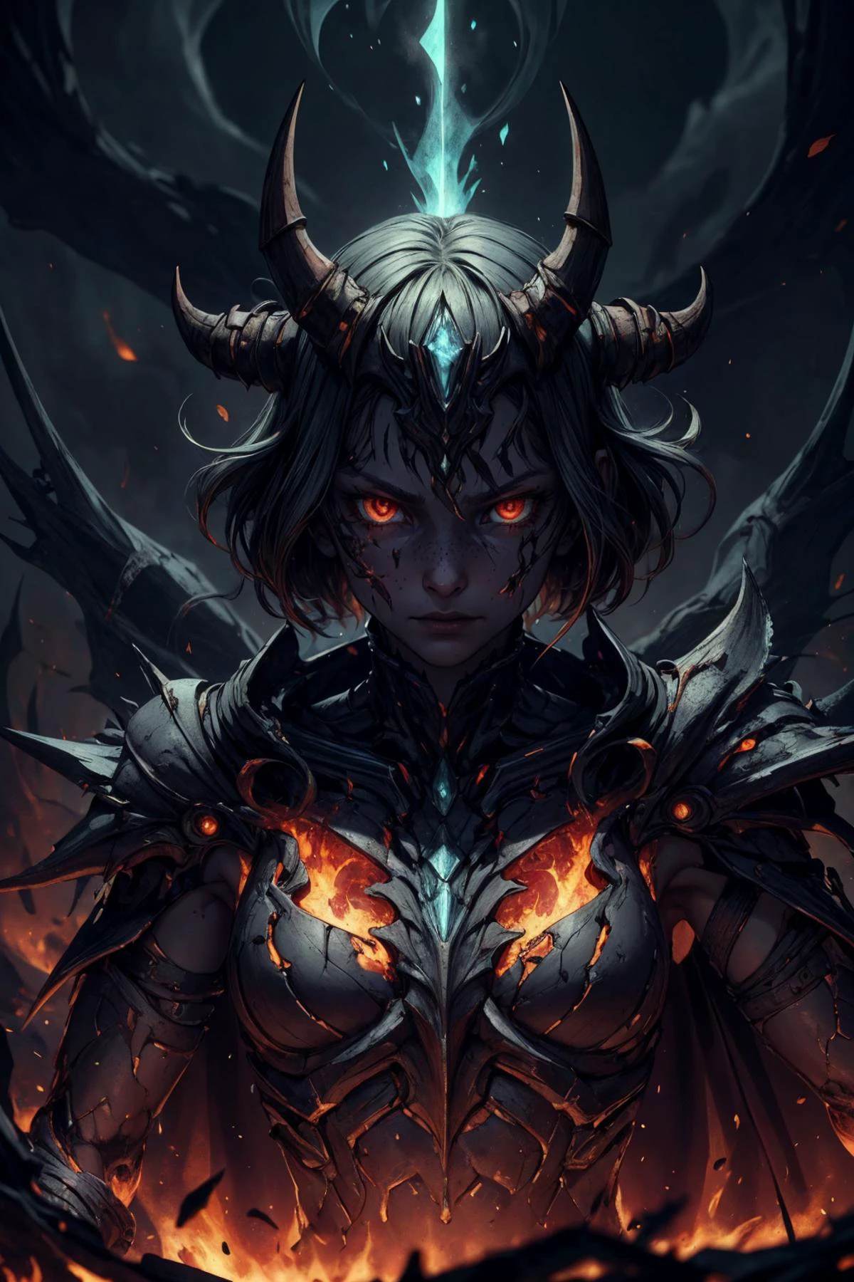 (best quality, masterpiece:1.2), 8k detailed cgi render, thick outlines, strong shadows, <lora:add_detail:0.75>,
1 girl, adult (elven:0.7) woman, freckles, aquamarine eyes, chestnut lob hair,
portrait, solo, (full body:0.6), detailed background, detailed face, (<lora:MagmaTech:0.5>, lava, MagmaTech theme:1.1), (glowing eyes:1.05), (angry battle-cry:0.8), dark champion, vampiric, red clothes, spiked armor, cape, evil royal black crown, dynamic pose, floating particles, embers, shadows in background, black battlefield in background, dark sinister atmosphere, black clouds, dark night,