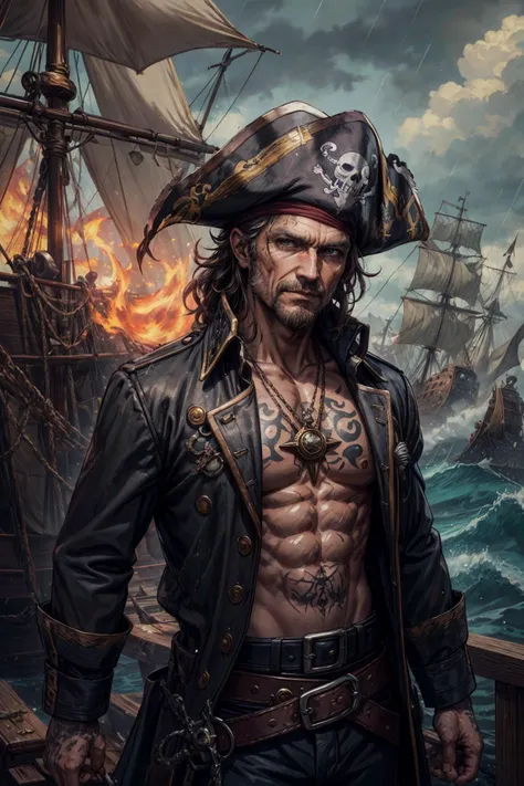 (best quality, masterpiece:1.2), photorealistic, thick outlines, strong shadows, <lora:add_detail:0.75>,
(1man, old male:1.2), frail, coral eyes, dark brown hair, side part,
<lyco:CulturePunkBundle-000007:0.3>, piratepunkai, skin, character focus, portrait, freckles, looking at viewer, solo, upper body, detailed background, greedy smile, cursed outlaw, tattered, weathered pirate captain outfit, tattoos, fantasy theme, high seas, kraken, cannonfire, flames, flintlock pistol, maelstrom, raining, coastal pirate town, pier, camp, sand, calm, pirate ship on shore, loot, compass, rum, treasure,
