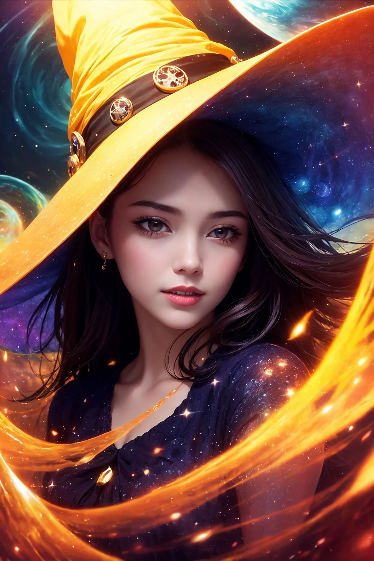 photorealistic, intricate details, highly detailed,
1 girl, adult woman, brown eyes, dark red layered hair,
portrait, looking down, solo, (full body:0.6), detailed background, (cosmic outer space theme:1.1), light smile, witch hat, witch, magical atmosphere, hair flowing in the wind, purple trimmed dark colored clothes, glowing weaves in the air, dark magic, (style-swirlmagic:0.8), floating particles, ocean shore background, updraft, dim light,
<lora:priconneCharacterFocus3_v1Counterfeit:0.3>,