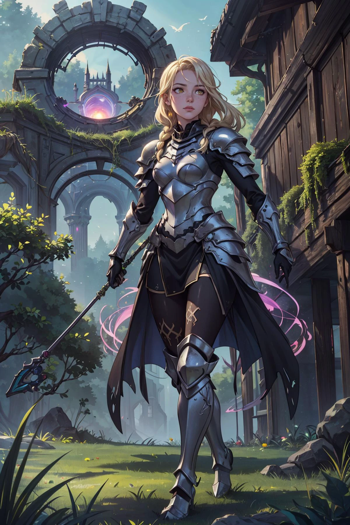 highres, detailed, <lora:detail_slider_v4:1.0>,
<lora:GoodHands-beta2:0.8>,
1 girl, adult woman, freckles, yellow eyes, platinum blonde fishtail braid, ombre,
solo, half shot, looking away, detailed background, detailed face, (<lora:UltraBlackholeTech:0.6>, ulblackholetech theme:1.1) nature-knight, natural armor, harmony of moss with metal, walking, tranquil, nature powers, magical tattoos, lit-up druidic runes on armor, overgrown plants castle left to crumble in background, summer, birds, mystical atmosphere,