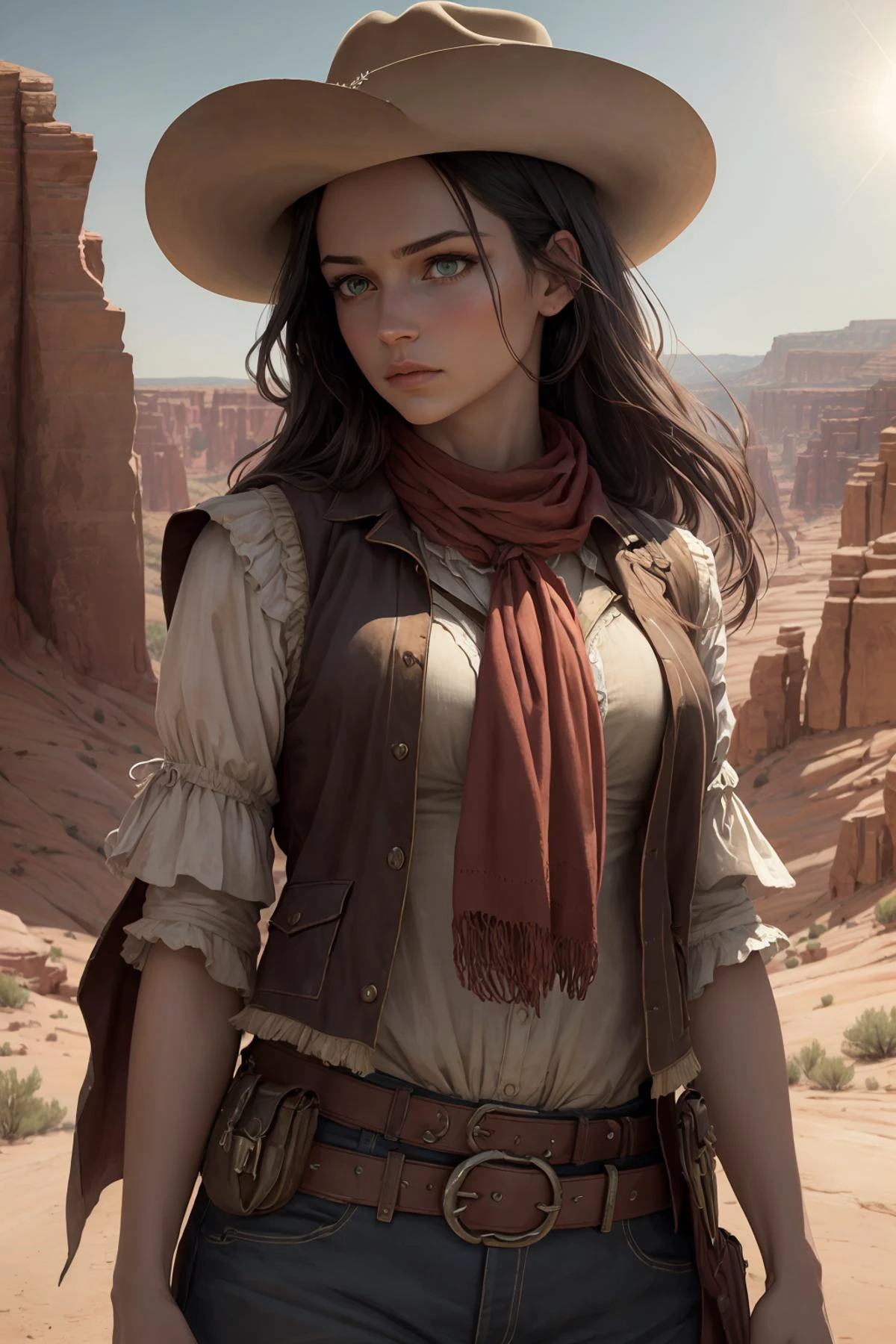 (best quality, masterpiece, realistic, detailed), 8k CG, perfect artwork,
1 girl, adult woman, solo, jade eyes, black hair flaps,
looking down, solo, (full body:0.6), detailed face, (western theme:1.1), 18th century wild west, american frontier, outlaw, bandana, holster, vest, wild west era red canyon mesa in background, arid, sunshine, bright lighting, high noon, cinematic atmosphere, wind blowing,