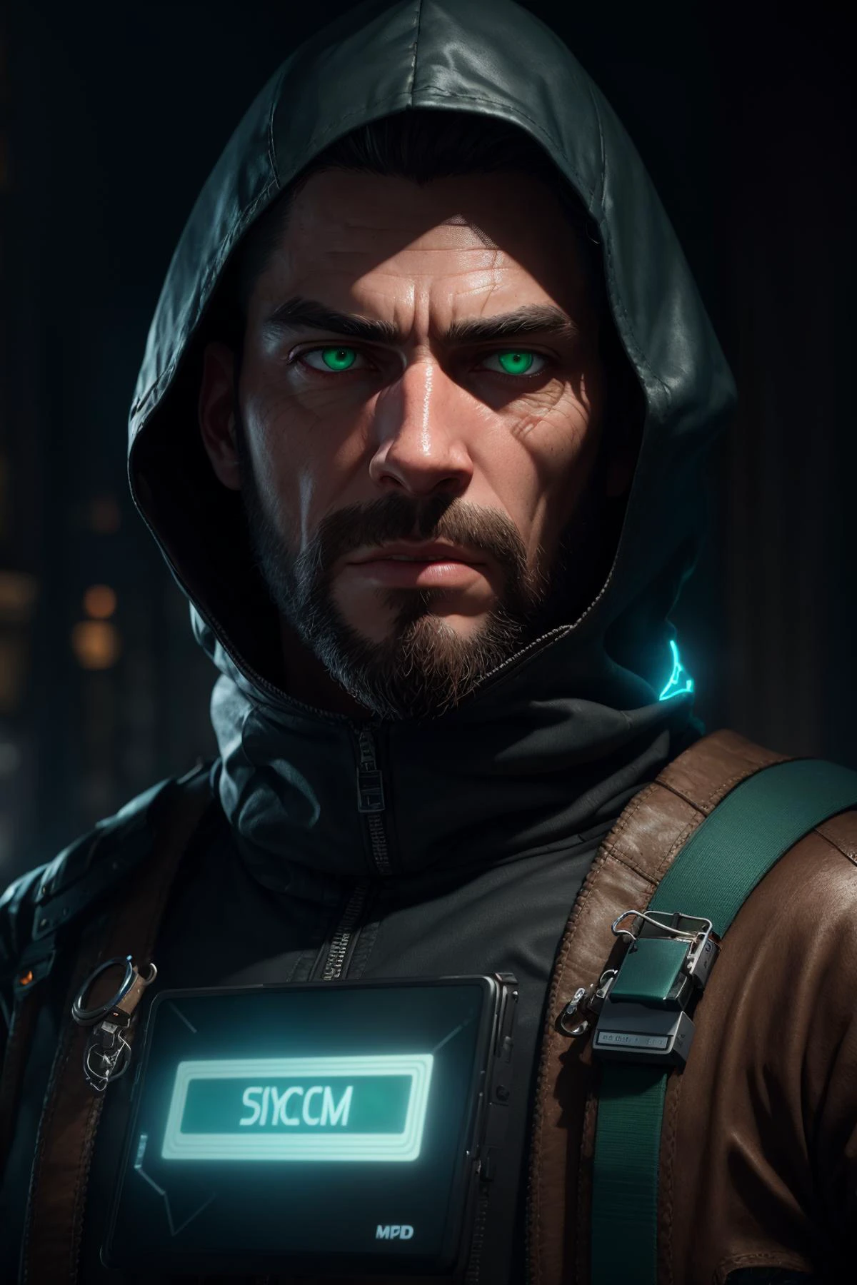 3d render, cgi, symetrical, octane render, 35mm, intricate details, hdr, intricate details, hyperdetailed, natural skin texture, hyperrealism, sharp,
1 man, (male:1.1), beard, solo, green eyes, light brown spiky hair,
looking at viewer, solo, upper body, detailed background, detailed face, (watchdogs theme:1.1) high-tech futuristic hacker, smirk, advanced technology, techwear, wearable device, keycard, head-up display, blue (holographic display:1.05), access denied, screens in background, cyber-warfare, dark sinister atmosphere, shadows,