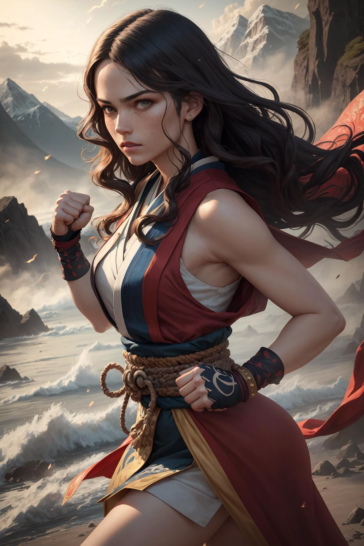 (best quality, masterpiece, realistic, detailed), 8k CG, perfect artwork,
1 girl, adult spanish woman, freckles, solo, aquamarine eyes, black beach waves hair,
(style-swirlmagic:0.7), looking at viewer, solo, half shot, detailed background, detailed face, (feudal japan theme:1.1), monk, dynamic pose, fighting stance, clenched fist, striking, fingerless gloves, wristwraps, colorful dragon themed clothes, sleeveless fighter clothes, mountainous landscape in background, swirling floating particles, dust cloud, depth of field, dynamic composition, epic eastern medieval atmosphere,