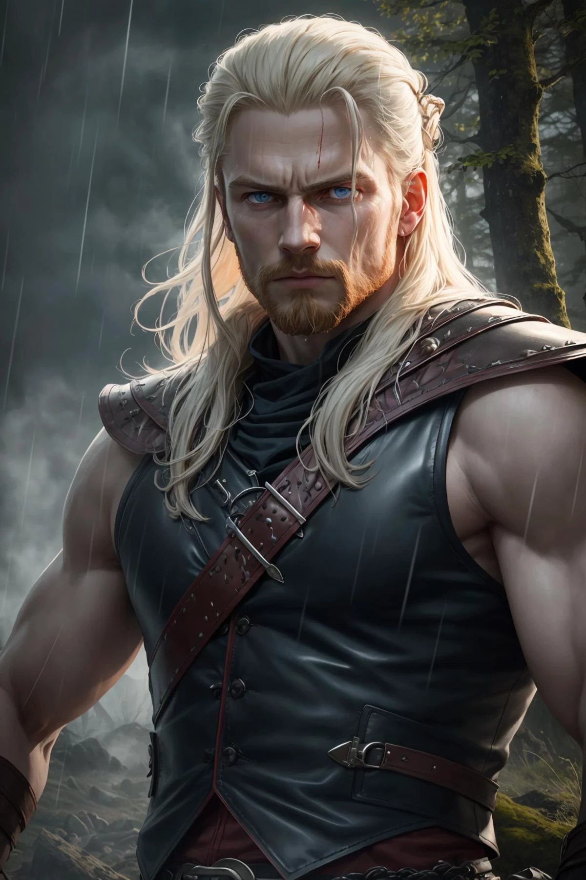 (best quality, masterpiece, realistic, detailed), 8k CG, perfect artwork,
1 man, swedish , solo, light blue eyes, platinum blonde mutton chops,
norwegian portrait, looking at viewer, solo, upper body, detailed background, fighting stance, dynamic pose, dark ages, dark fantasy atmosphere, norse theme, norse mythology, viking age, nordic medieval norse fighter, simple gray padded leather vest, dense scandinavian forest, filtered light, (darknes:0.8), dust cloud, berserker, blood spatters, soaked in the rain, epic scene composition,