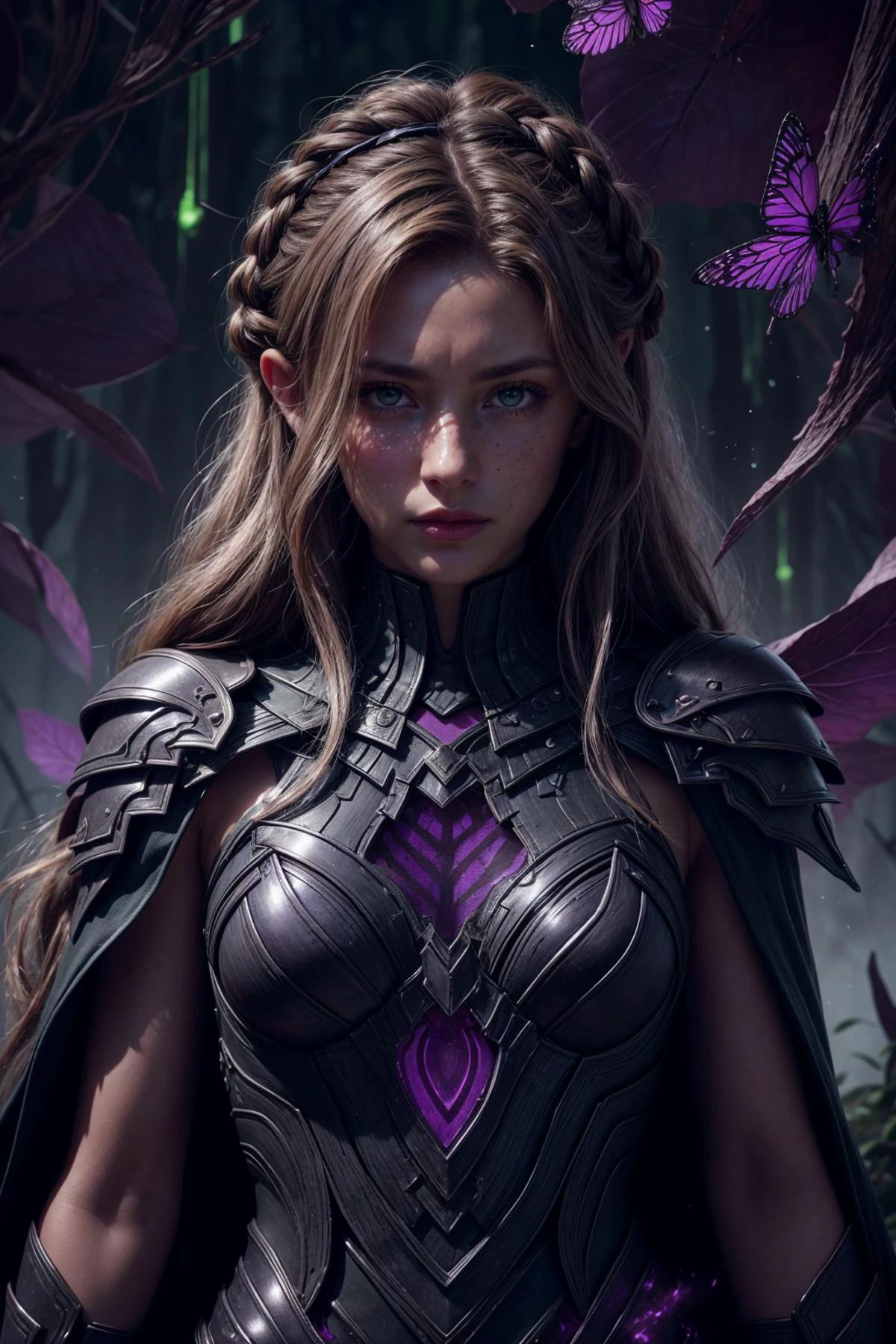 <lora:add_detail:0.8>, <lora:realistic:0.3>, <lora:sharpen-soften:-0.25>,
1 girl, adult (elven:0.7) woman, freckles, grey-blue eyes, dark blonde dutch braid, 
Style-GravityMagic,  solo, half shot, looking down, detailed background, detailed face, (<lora:WorldofShadows:0.6>, shadow aura, purple and black, worldofshadows theme:1.1) glowing eyes, botanical-champion, plant-based armor, union of leaves with metal,  leaves  cape, creeping on armor,  green magical lights,  determined, green runes, magical markings on skin,   magical plant growth, bright underbrush in background,  butterflies, lightning crackling,  magical atmosphere,