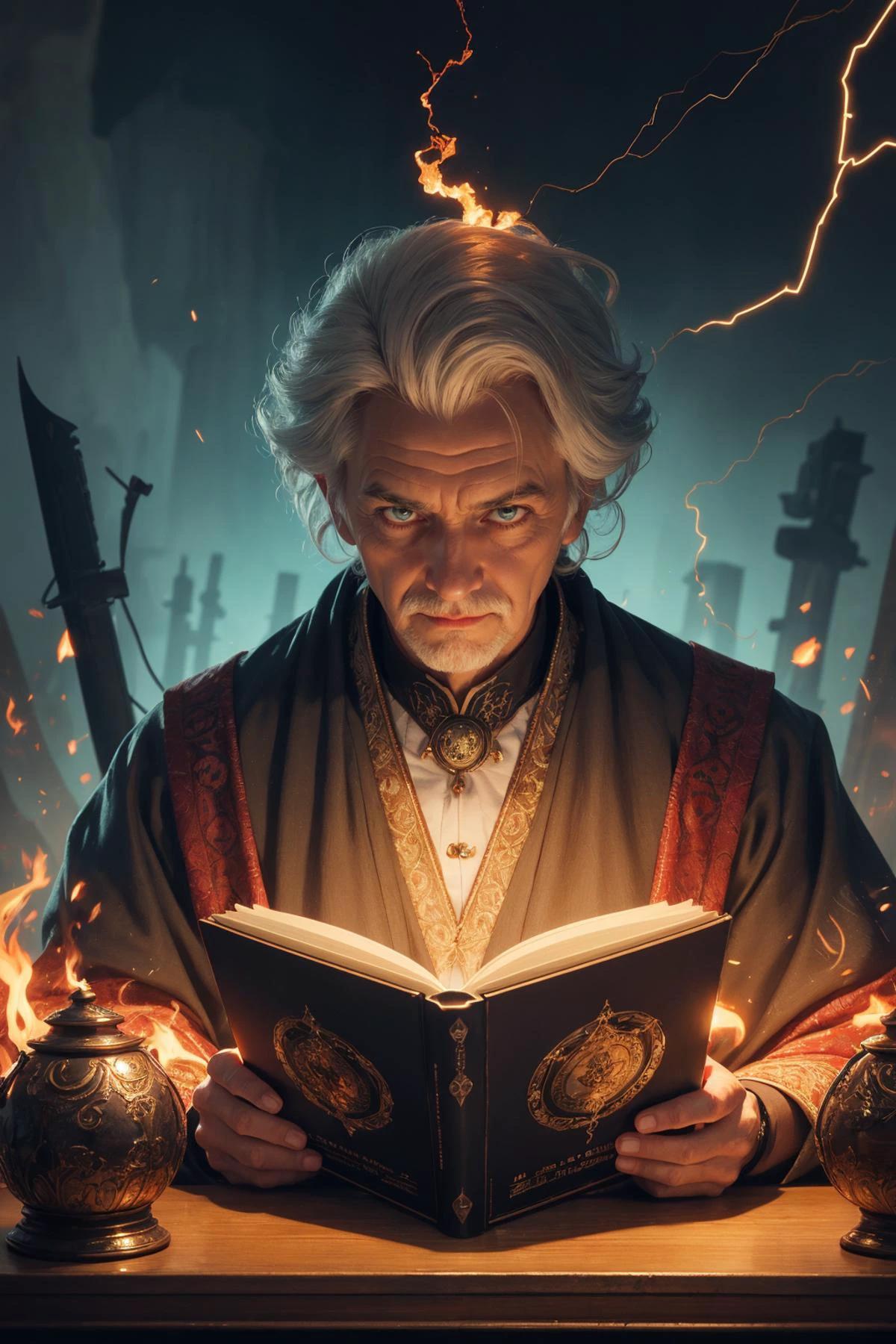 8k uhd, (best quality:1.2), (masterpiece:1.2), very detailed, intricate details, hyper detailed, <lora:realistic:0.3>, <lora:sharpen-soften:-0.25>,
(1man, old male:1.2), turquoise eyes, white hair, comb over,
(style-swirlmagic:0.8), looking down, solo, (full body:0.6), detailed background, detailed face, (victorian theme:1.1) evil summoner, gray magical robes, sinister smirk, crimson color scheme, dark scarlet light, study room, evil book, dark atmosphere, shadows, realistic lighting, floating particles, sparks, surrounded by yellow lightning <lora:LightingVFX:0.1>, green arcane symbols, bloom,