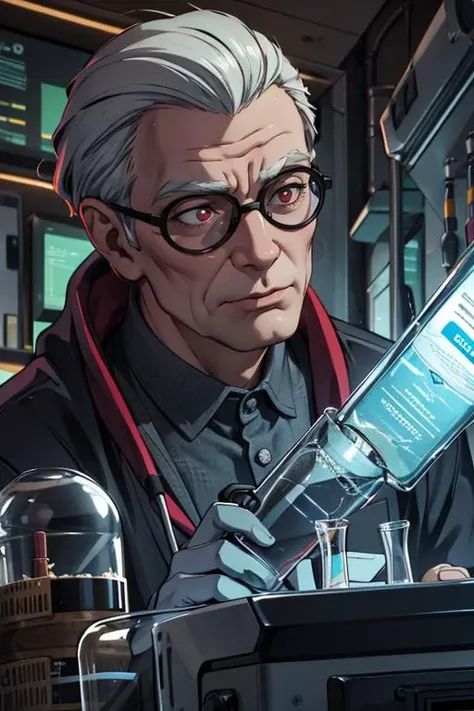 highres, detailed, <lora:detail_slider_v4:1.0>,
<lora:GoodHands-beta2:0.8> 
(1man,  old polish male:1.2),   red eyes, graying hair, mid-fade, 
portrait, looking up, solo, half shot, detailed background, detailed face, (valvepunkai, fallout theme:1.1), scientist, safety-goggles, lab coat, discovery, , prototype, cluttered fantasy science lab in background, biology, dna, , microorganisms, , microscope,  flashing lights,