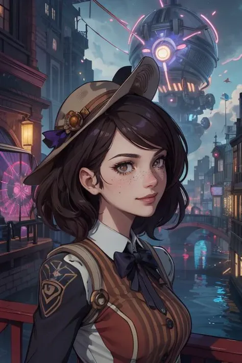 beautiful, linework, thick outlines, strong shadows, <lora:detail_slider_v4:1.0>,
1 girl, adult woman, freckles, brown eyes, black drill hair,
Style-GravityMagic, (focus on character:1.1), portrait, solo, half shot, detailed background, detailed face, (bioshock infinite theme:1.1), aristocratic pose, smiling, ruling class, elegant clothing, elegant hat, looking over floating (cloud city:1.1), utopian cloudtop sky-city, floating platforms, floating buildings, dome, balcony, railing, bridges, clouds in background, balloon in background, wind blowing, cinematic atmosphere, glowing dark purple lights,