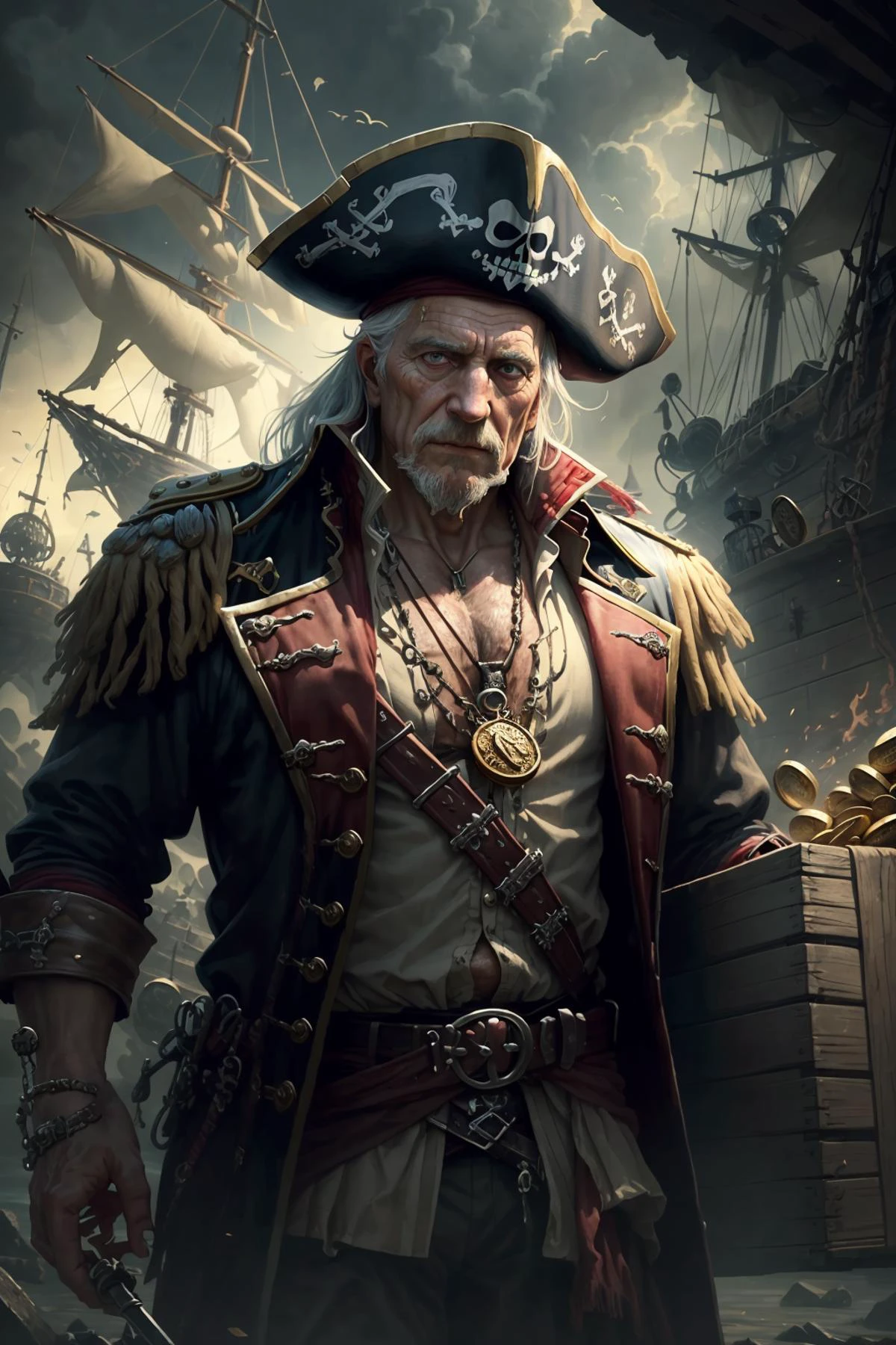(best quality, masterpiece, realistic, detailed), 8k CG, perfect artwork,
(1man, old german male:1.2), frail, blue eyes, dark brown textured fringe,
<lora:style_piratepunkai_v10:0.3>, piratepunkai, realistic skin, looking up, solo, upper body, detailed background, (grinning:0.7), pirate, simple pirate captain outfit, dark fantasy theme, dark pirate cave, skulls, stacks of loot, heaps of gold coins, too much coin to count, doubloons, wooden crates, weapons, loot, rum,
<hypernet:sxzBloom_sxzBloom:0.3>