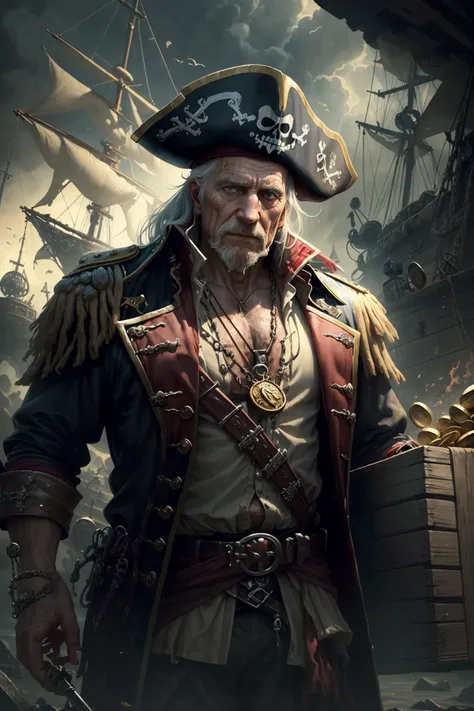 (best quality, masterpiece, realistic, detailed), 8k CG, perfect artwork,
(1man,  old german male:1.2), frail,  blue eyes, dark brown textured fringe,
<lora:style_piratepunkai_v10:0.3>, piratepunkai, realistic skin,   looking up, solo, upper body, detailed background, (grinning:0.7),  pirate, simple pirate captain outfit,  dark fantasy theme, dark pirate cave,  skulls, stacks of loot,   heaps of gold coins, too much coin to count, doubloons, wooden crates,  weapons, loot,   rum,   
 <hypernet:sxzBloom_sxzBloom:0.3>