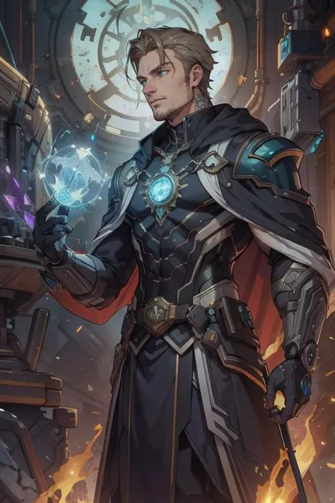beautiful, linework, (outlines:1.05), shadows, <lora:detail_slider_v4:1.0>,
<lora:GoodHands-beta2:0.8>
(1man, muscular adult male:1.2), blue eyes, dark blonde hair, sideburns,
Style-GravityMagic, solo, (full body:0.6), looking away, detailed background, detailed face, (victorian theme:1.1), techno-mage, technomancer, dynamic pose, technology, fusion of spellcraft and engineering, green detailed mechanical equipment, tattoos, implants, ancient crystals, cloak, arcane sparks, casting spell mystical energy conduit, ethereal aura, high tech building in background, , fire,, backlighting,