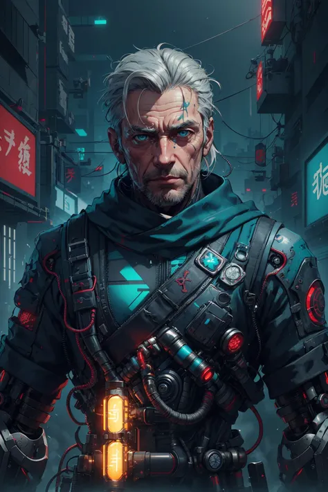 soothing tones, muted colors, high contrast, (hyperrealism, soft light, sharp), <lora:detail_slider_v4:0.8>,
(1man, wrinkled face, old italian male:1.2), teal eyes, gray hair, straight hair,
<lora:GoodHands-beta2:0.8>,
solo, half shot, looking at viewer, detailed background, detailed face, (<lora:ShinobiTech:0.6>, bulky metal, cyberpunk, shinobitech theme:1.1), android, biomechanical limbs, mechanical eyes, wires, high-tech, head tilted, augmented reality, digital implants, techwear, powered by electricity, flashing blue lights, bioluminescent parts, force field, computer screens in background, epic atmosphere,