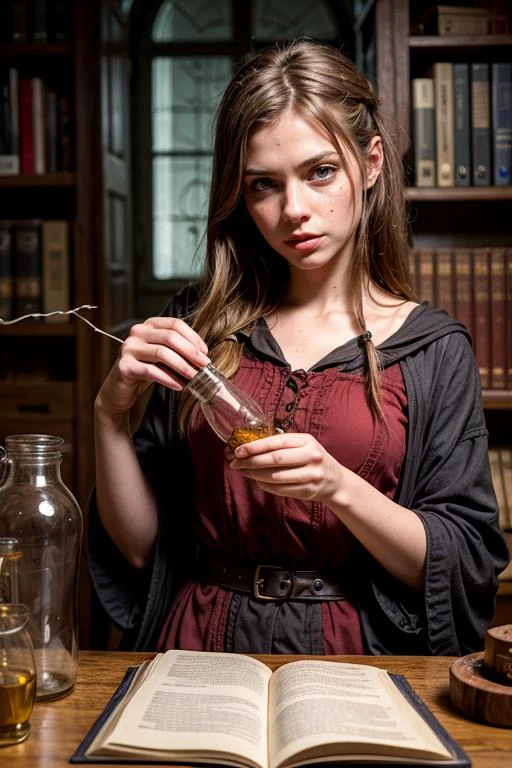 RAW photo, high quality, <lora:add_detail:0.8>,
1 girl, adult (elven:0.7) woman, freckles, yellow eyes, auburn fishtail braid,
looking at viewer, solo, half shot, detailed background, detailed face, (Hogwarts theme :1.1), medieval alchemist, workshop in background, alchemical implements, metal container, beakers, posion, gunpowder, small (flame:0.7), fluorescent liquid, blueprint, alchemical fomula, glowing magical runes, chemistry, magical fantasy atmosphere, metaphysics,