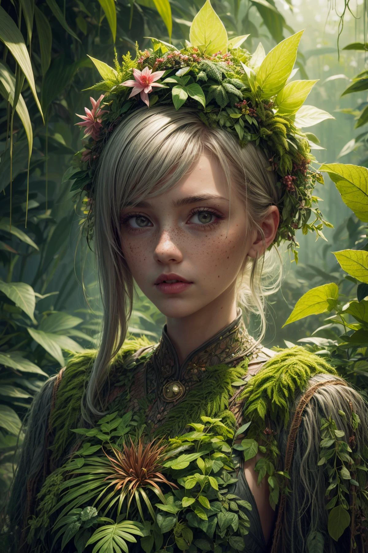 <lora:add_detail:1>
1 girl, adult (elven:0.7) woman, freckles, grey eyes, silver hair flaps,
character focus, portrait, solo, (full body:0.6), looking at viewer, detailed background, detailed face, (<lora:BiophyllTech:0.6>, bio, bioluminescent, BiophyllTech theme:1.1), botanist, leaves, mandrake, magical plants, colorful plants, floating plants, magic, green color scheme, wild growth, herbs, seeds, ferns, science, botanical garden in background, low light, magical atmosphere,