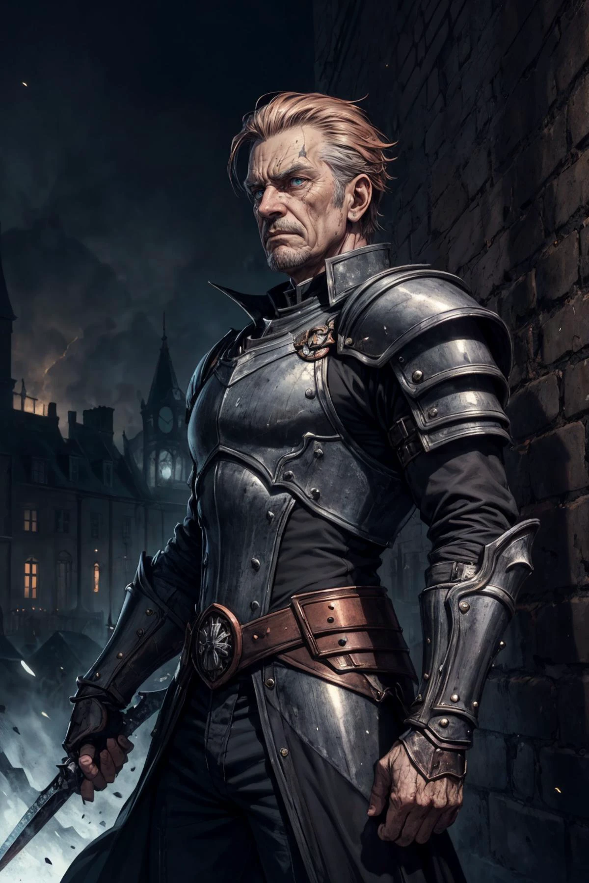 (best quality, masterpiece:1.2), photorealistic, thick outlines, strong shadows, <lora:add_detail:0.75>,
(1man, wrinkled face, old british male:1.2), frail, grey-blue eyes, copper hair, razor cut,
solo, half shot, detailed background, detailed face, (victorian theme:1.1), (angry battle-cry:0.8), dark death knight, gray clothes, studded armor, dynamic pose, vultures in background, dungeon in background, dark sinister atmosphere, dark night,