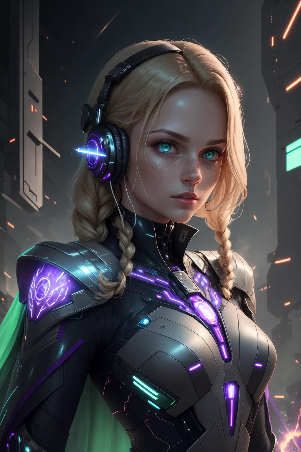 (best quality, masterpiece, realistic, detailed), 8k CG, perfect artwork,
1 girl, adult woman, freckles, purple eyes, medium blonde fishtail braid,
portrait, looking at viewer, solo, upper body, detailed background, close up, detailed face, (<lora:kVoidEnergy-000001:0.5>, V0id3nergy, void theme:1.1), futuristic shining green adamantium armor, fractal pattern cape, high-tech, modules, advanced technology, bionics, cybernetic implants, antenna, headset, head-up display, epic spaceship in background, green lights, sparks, explosions, screens, hologram, cinematic atmosphere,