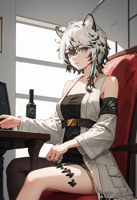 (safe:1.10), best quality, masterpiece, highres, solo, (cliffheart_arknights:1.10), sitting, sitting on chair, chair, cowboy shot, looking at viewer, 24 <lora:cliffheart_arknights:0.80>