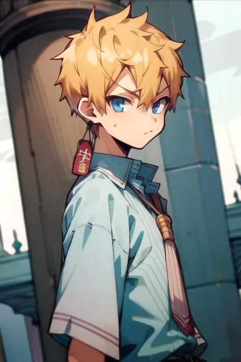masterpiece, best quality, wallpaper, 1boy, solo, male focus, looking at viewer, upper body, depth of field, , , <lora:kou_minamoto:0.68>, kou_minamoto, blonde hair, blue eyes, , The Tower of Destiny, 4k resolution