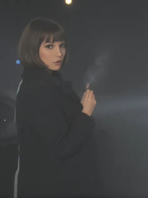 professional photoshoot, portrait mode, of a beautiful young supermodel woman, lean body, bob hair cut, detailed face, (closeup:1.2), gorgeous, undercover agent, wearing a coat, smoking a cigarate, city street, (1980s style:1.2), snowy, retro style, aesthetic, night, dim light, retro lighting, standing beside a car with a gangster