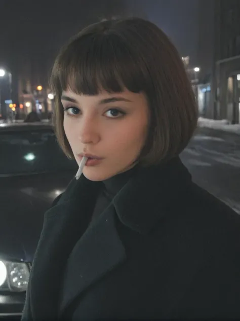 professional photoshoot, portrait mode, of a beautiful young supermodel woman, lean body, bob hair cut, detailed face, (closeup:1.2), gorgeous, undercover agent, wearing a coat, smoking a cigarate, city street, (1980s style:1.2), snowy, retro style, aesthetic, night, dim light, retro lighting, standing beside a car with a gangster