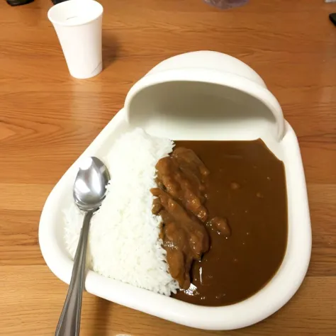 <lora:curry_flavored_curry_SDXL:1.0>, food, indoors, cup, no_humans, plate, wooden_floor, realistic, spoon, rice, meat, food_focus, still_life, rice_bowl, curry, wooden_table, curry_rice